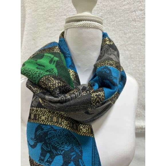 Pashmina 100% Cashmere Elephant Shawl Scarf Metallic Green Blue Gray  novelty - Picture 8 of 9